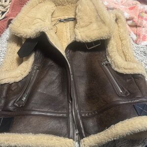 Zara Dark Brown Leather Vest with Cream Shearling